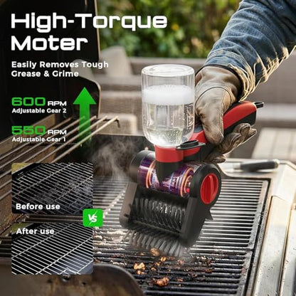 Electric Grill Brush, 100W High Power Cordless BBQ Cleaner with 300ml Water Spray Tank, IPX8 Waterproof Automatic Scrubber for Gas Charcoal Grills, 2-Speed Rechargeable Power Brush with Scraper