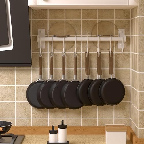 Dseap Kitchen Utensil Holder Hanger, Pot and Pan Rack Wall Mounted, Kitchen Rail with 8 Hooks for Hanging Cooking Utensils, Mugs, Spoons, Wall Mounted, White - color: White