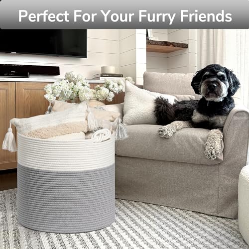 Goodpick Woven Rope Blanket Basket Living Room, 40L, Grey - color: Grey, size: 15 × 14.2 inches