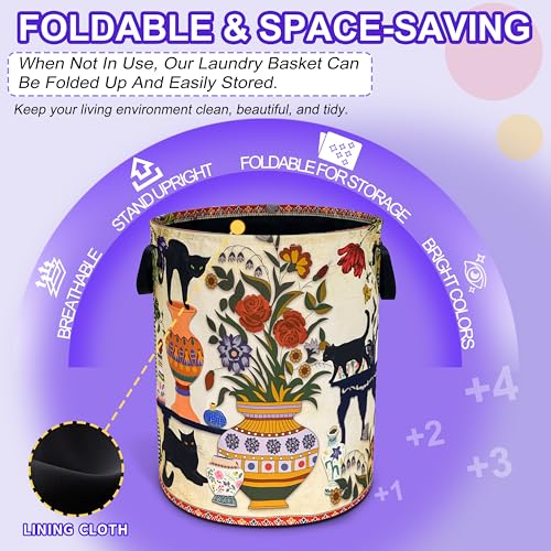 Black Cat Flower Laundry Basket Floral Vase Art Oxford Cloth Laundry Hamper - color: Black Cat Flowers