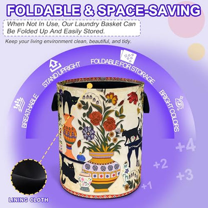 Black Cat Flower Laundry Basket Floral Vase Art Oxford Cloth Laundry Hamper - color: Black Cat Flowers