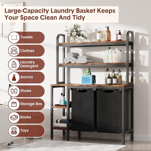 3-Tier Shelves Laundry Basket Hamper, 2 Section Laundry Sorter with Pull-Out Removable Bags, Laundry Hamper Storage Organizer for Closet, Bathroom, Bedroom