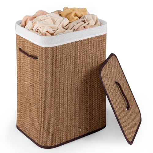 Giantex Bamboo Laundry Hamper with Lid, Removable Liner & Portable Handles - color: Flax Brown