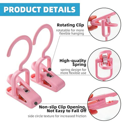 10PCS Laundry Hooks with Clips Super Strong Plastic Home Travel Hanger - color: Pink