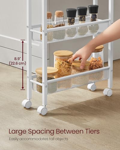 VASAGLE 5-Tier Slim Rolling Storage cart with Wheels, 5.1 Inches, Metal - color: Oak Beige + Classic White, size: 5 Tiers (5.1"D x 39.2"H)