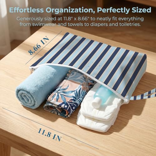 Fokongna 2 Pack Reusable Waterproof Wet Bag, Dry Wet Separation Storage Pouch for Travel Gym Beach Pool Swimsuits Toiletries Laundry Organizer - color: Summer Stripe & Polka Dot Set 02