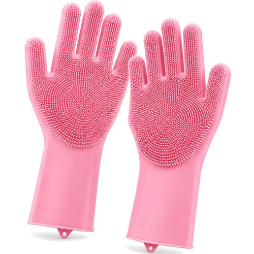 Silicone Dishwashing Gloves with Scrubber Bristles, Food-Grade Cleaning Mitts for Kitchen Dishes, Pet Grooming & Car Wash - color: Light Pink