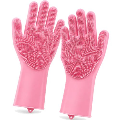 Silicone Dishwashing Gloves with Scrubber Bristles, Food-Grade Cleaning Mitts for Kitchen Dishes, Pet Grooming & Car Wash - color: Light Pink