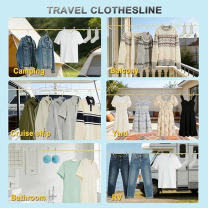 Portable Travel Clothesline, Windproof Clothes Laundry Line with Clothespins & Hang Holes, Indoor & Outdoor Clothes Drying Rope for Hotel, Backyard,Cruise Ships, Camping (Yellow, 20 Ft) - size: 20 Ft