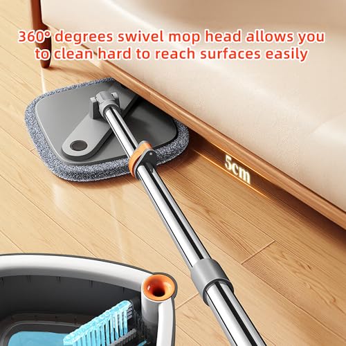 Spin Mop and Bucket Set with Self Separation Dirty and Clean Water System Self Wringing 360° Rotating Clean Mop-Head for Hardwood Tile Marble Floors with 6pads