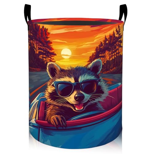 Cool Raccoon Sunset Drive Laundry Basket 19.7"x15.7", Collapsible Dirty Clothes Waterproof Cute Animal Laundry Hamper Organizer Toy Storage Bin for Dorm Nursery Bathroom Decor - style: Raccoon07