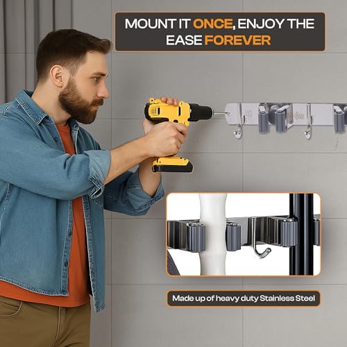 Stainless Steel Broom Holder Wall Mount, 4 Racks & 5 Hooks - size: 4 Racks & 5 Hooks