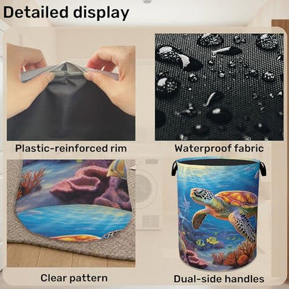Sea Turtle Large Clothes Hamper Bag - Laundry Basket with Handles, Space Saving Foldable Design for Nursery - color: Sea Turtle