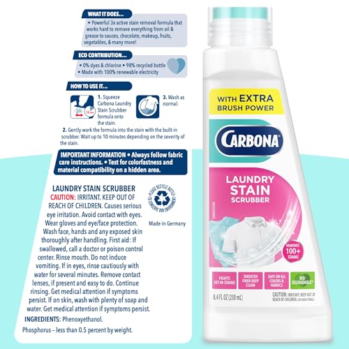 Carbona Laundry Stain Scrubber & Remover (8.4 Fl Oz), Extra-Strength Bio-Enzyme Formula, Brush-Top Applicator for Fiber-Deep Clean, Fast & Easy - size: 8.4 Fl Oz (Pack of 1)