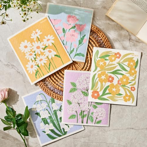 RECYCO Swedish Dishcloths for Kitchen | 5 Pack Matisse Floral Washable Dish Rags | Cellulose Reusable Cleaning Paper Towels | Absorbent Counter Dish Cloth Sponge Kitchen Wipes, 8" L x 7" W - color: Matisse Floral - 5 Pack