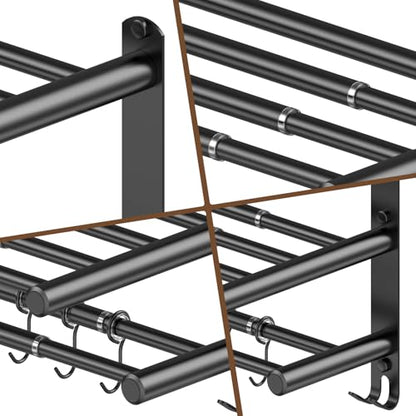 Adjustable 16.9–28" Matte Black Towel Rack for Bathroom SUS304 Stainless Steel 2-Tier Shelf with Extended Bar & 4 Sliding Hooks, Adhesive or Screw Mount, Bathroom/Over-Toilet Organizer - color: Adjustable 16.9–28" Matte Black Towel Rack