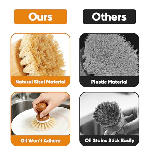 Bamboo Dish Brush, Natural Wooden Washing Dish Brush Scrubber for Pans Dishes Pots Kitchen Sink Cleaning