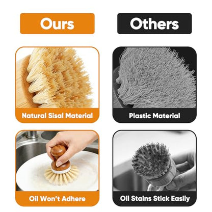 Bamboo Dish Brush, Natural Wooden Washing Dish Brush Scrubber for Pans Dishes Pots Kitchen Sink Cleaning