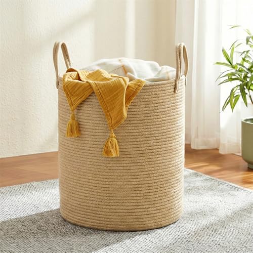 SONGMICS Laundry Hamper, Cotton Rope Basket with Handles, 15.8 Gallons - color: Yellowish Brown, size: 60 L
