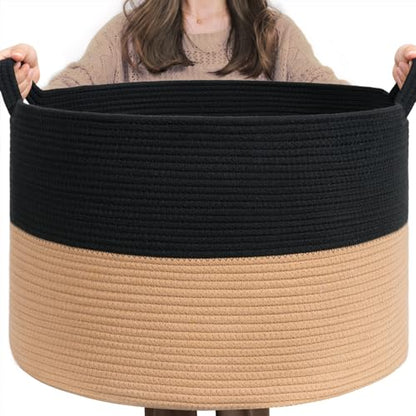 INDRESSME XXXLarge Woven Rope Blanket Basket Living Room Black Camel, 90L - color: Black & Camel, size: 21.7"D x 13.8"H