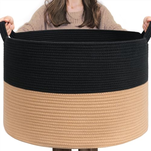 INDRESSME XXXLarge Woven Rope Blanket Basket Living Room Black Camel, 90L - color: Black & Camel, size: 21.7"D x 13.8"H