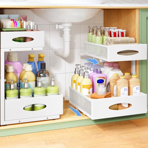 Under Sink Organizer, 2-Pack Pull Out Cabinet Organizer 2 Tier Metal Slide Out Storage Shelf Rack, L-Shaped Adjustable Height,Mesh Sliding Drawer for Kitchen, Bathroom, Laundry, Pantry, White, XL - color: White, size: 2-Pack