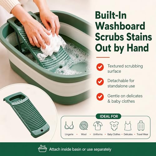 12 Gallon Collapsible Wash Basin with Detachable Washboard, Extra Large Foldable Utility Bucket with Dual Drain Plugs, Portable Household Cleaning Tub for Laundry, Mopping, RV, Camping & Travel