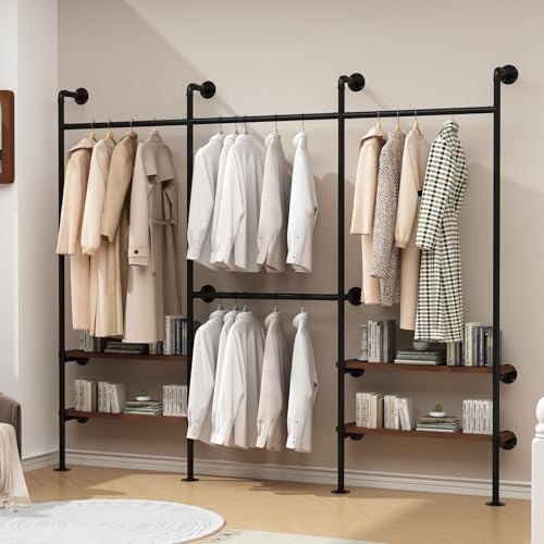 HOMEKAYT Industrial Pipe Clothes Rack, Wall Mounted Clothing Rack with Shelves, Heavy Duty Multi-Purpose Storage Clothes Hanging Shelf - 94.5''L Black - color: black, size: 94.5''L-C