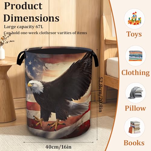 Eagle Flag Patriotic Laundry Basket with Handles, Waterproof Foldable Laundry Hamper, Large Capacity Oxford Cloth Clothes Storage Basket for Bathroom Bedroom Dorm - color: Eagles and Flags