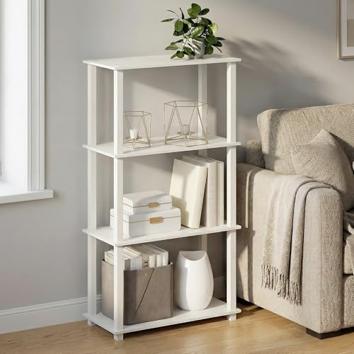 Furinno Turn-S-Tube Storage Shelves, 4-Tier Book Shelf, Corner Shelf, Toolless Open Frame Standing Shelves, for Organization and Storage, Living Room, Garage, Home Office, White - color: White/White, size: 4-Tier Square Tube