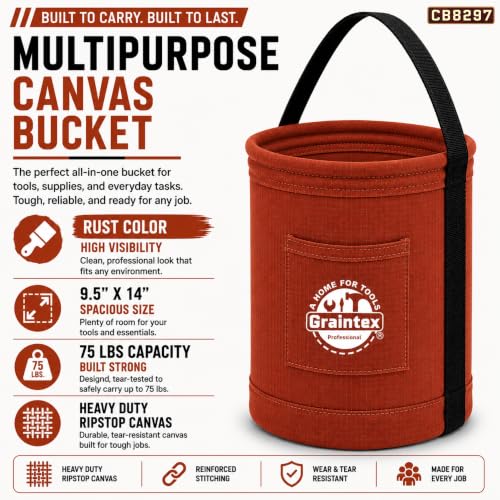 Graintex Canvas Utility Bucket 9.5"x14", Round Tool Bucket, Reinforced Base & Carry Handle, Ripstop Canvas, Ideal Multi-Purpose Bag for Jobsite, Gardening, Home Use, Tool Storage - Rust - color: Rust