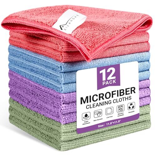 SIFANGKE Microfiber Cleaning Cloth, 12 Pack Assorted Color Cleaning Rags for Housekeeping, Colorful Reusable Microfiber Towels for Car, Kitchen, Bathroom and Household Cleaning Supplies, 11.8"X11.8" - color: A.multicolor, size: 1 Count (Pack of 12)