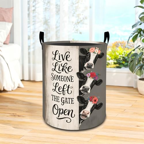 Cute Cow Laundry Basket with Handles, Fun Quote Calf Flower Foldable Clothes Hamper, Vintage Country Waterproof Oxford Cloth Storage Bin Gifts Decor for Bedroom Bathroom Closet, 19.7"X15.7" - color: Cow