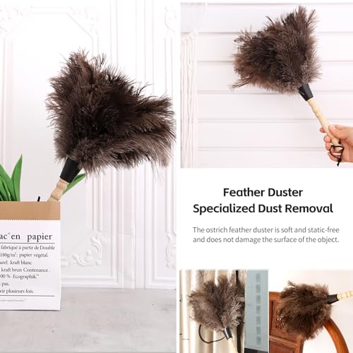 Ostrich Feather Duster 14 inch Feather Duster Fluffy Natural Genuine Ostrich Feathers with Wooden Handle and Eco-Friendly Reusable Handheld Ostrich Feather Duster for Cleaning Supplies - color: Model-14“-brown-1 Pieces