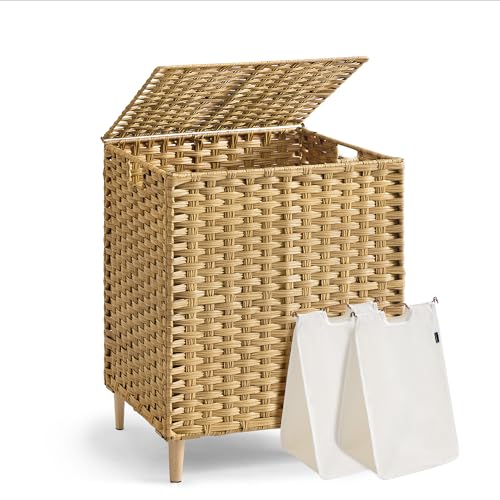 SONGMICS 2-Section Laundry Hamper with Lid, PE Rattan, 29 Gallons (110 L) - color: Goose Yellow, size: 110 L (2 Basket)