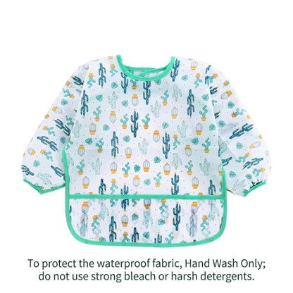 PandaEar (3 Pack Long Sleeve Bibs| Waterproof Full Sleeve Bib for Baby Infant Toddler 6-36 Months - style: Cactus