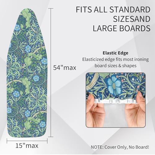 Boho Ironing Board Cover and Pad for Standard Size, 15x54 Scorch & Stain Resistant Iron Board Cover with Thick Padding, Floral Non Stick Fastener Straps Elastic Edge Ironing Covers for Laundry Room