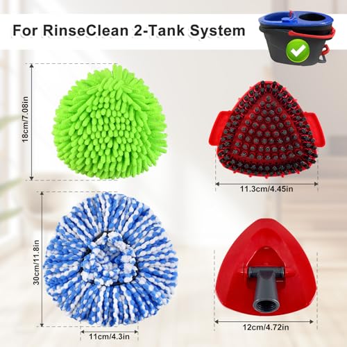 Mop Head Replacement for O Cedar, Spin Mop Replacement Head for Ocedar RinseClean 2 Tank System, Mop Heads Includeds 3 Mop Replacement Heads, 2 Upgrade Spin Scrub Brush, 1 Base & 1 Chenille Pad - size: for Ocedar 2 Tank