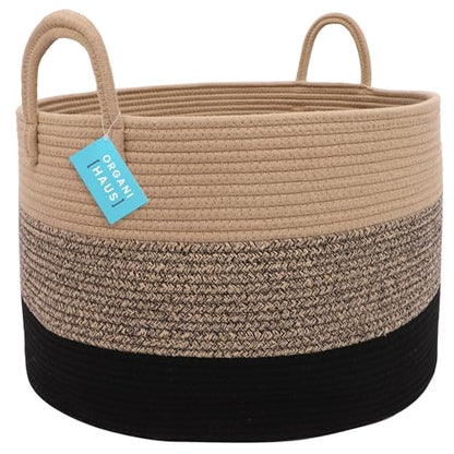 OrganiHaus Round Toy Basket & Blanket Basket, Cotton Rope 20x13" - color: 3-toned Brown, size: Wide
