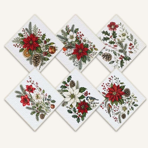 Shwing Swedish Dishcloths for Kitchen 6 Pack Christmas Floral Holly Berry Reusable Paper Towels Kitchen Towels Dish Cloths for Washing Dishes Washable Quick Drying Absorbent Cleaning Cloths - color: Christmas Floral Holly