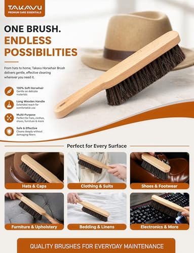 TAKAVU 10.2in Horsehair Hat & Shoe Brush, Long Handle Felt Cleaner