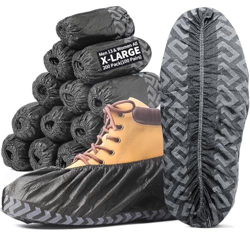 X-Large Shoe Covers Disposable Non-Slip, Non-Woven Fabric Boot Covers, Stretchable Fits Up to Size 13 US Men (Black, 200 Pack) - color: Black, size: 200 Pack