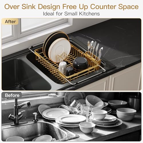 JASIWAY Gold Dish Drying Rack Over the Sink with Utensil Holder - color: Gold, size: For 12.5"-30"w Sink, Expandable