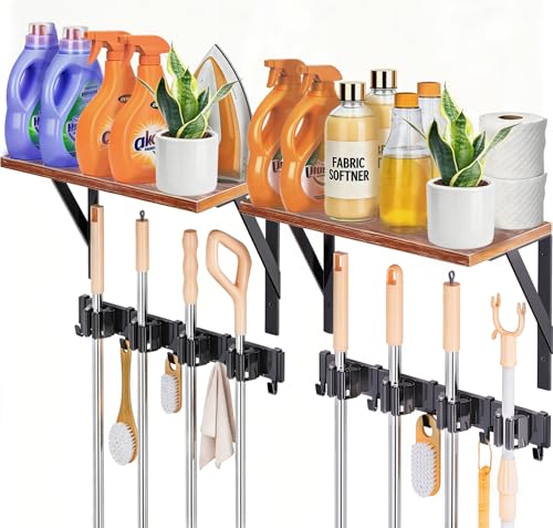 2Pack Broom Holder with Organizer Shelf 8 Broom Slots 10 Removable Hooks