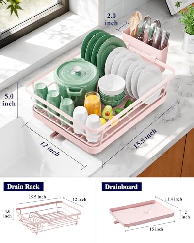 Kitsure Dish Drying Rack for Kitchen Counter, 12''W x 15.5''L, Pink - color: Pink, size: 12''W x 15.5''L - 1 Tier
