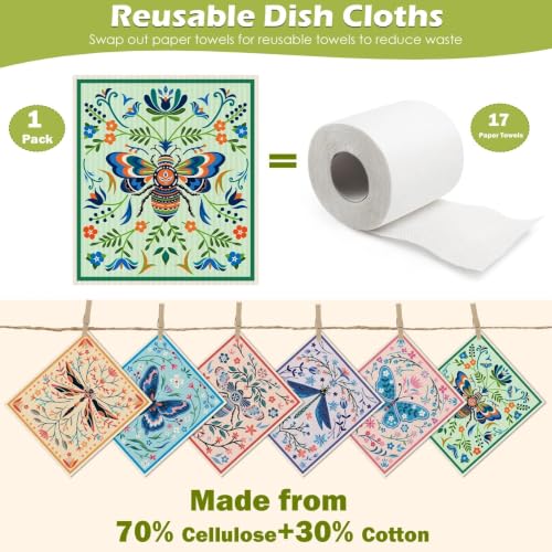 6 Pcs Swedish Paper Cloths for Kitchen, Reusable Paper Towels Washable - color: Flying Animals