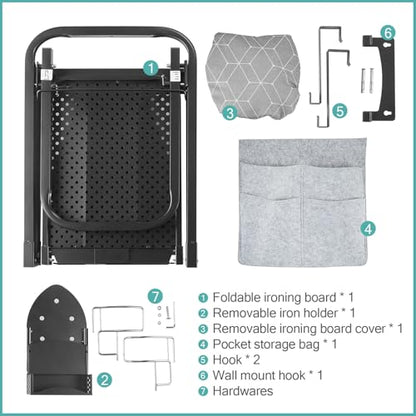 Seiritex Over the Door Ironing Board 14x42 inches with Iron Holder and Pocket Storage Bag, Hanging Iron Board for Home Laundry Room, Black - size: 14x42 inches