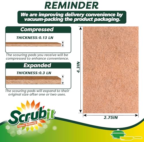 SCRUBIT 100 Pack Natural Scouring Pads - Heavy Duty Scrubbing Pads for Dishes - Non-Scratch - Reusable - Natural, Eco-Friendly, Biodegradable Sisal Brown Sponges for Dishes, Compostable - color: Natural Brown