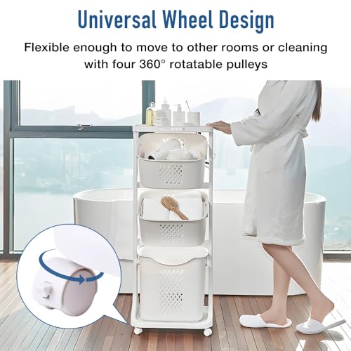 Japard 18 Gal Rolling Laundry Hamper Ultra Slim, Vertical 3 Sorter Cart with Wheels and Breaks, 3-tier Baskets Detachable for Dorm, Closet, Easy Assembly White Gray