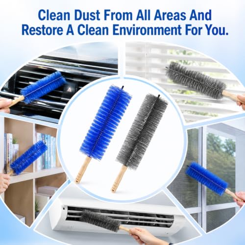 2PC Fan Cleaning Brush, Microfiber Duster Ideal for Electric and Blind, Reusable Fan Cleaner Brush Dust Remover, Non-disassembly Cleaning (Gray + Blue)
